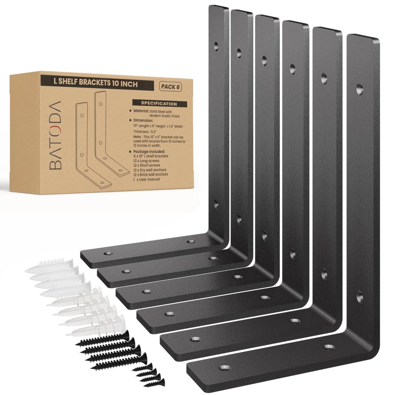 BATODA Pack 6 - 10â€L Heavy Duty Shelf Brackets - L Shelf Brackets Black - Hook Brackets for Floating Shelves - Wall Mounted Support for DIY Open Shelving â€“ Shelving Mounting Hardware Included - Image 1